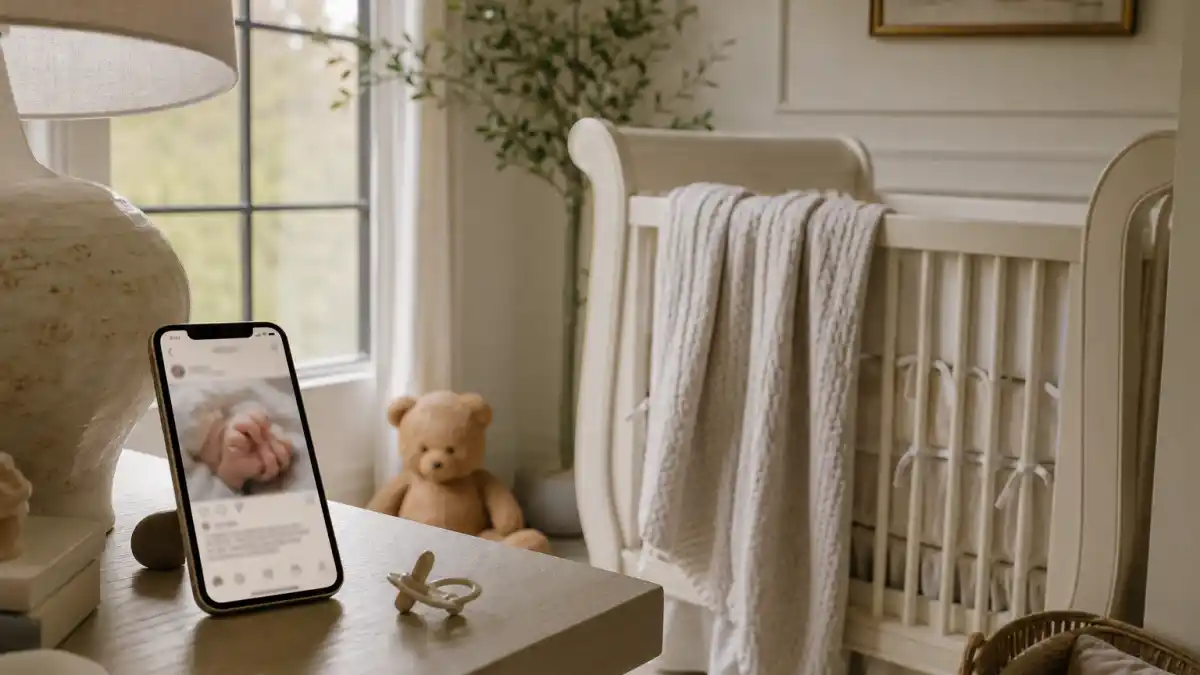 Celebrity birth announcements Instagram 2026 nursery hub — cream crib with smartphone showing hand-grasp reveal on a celebrity-style home nightstand
