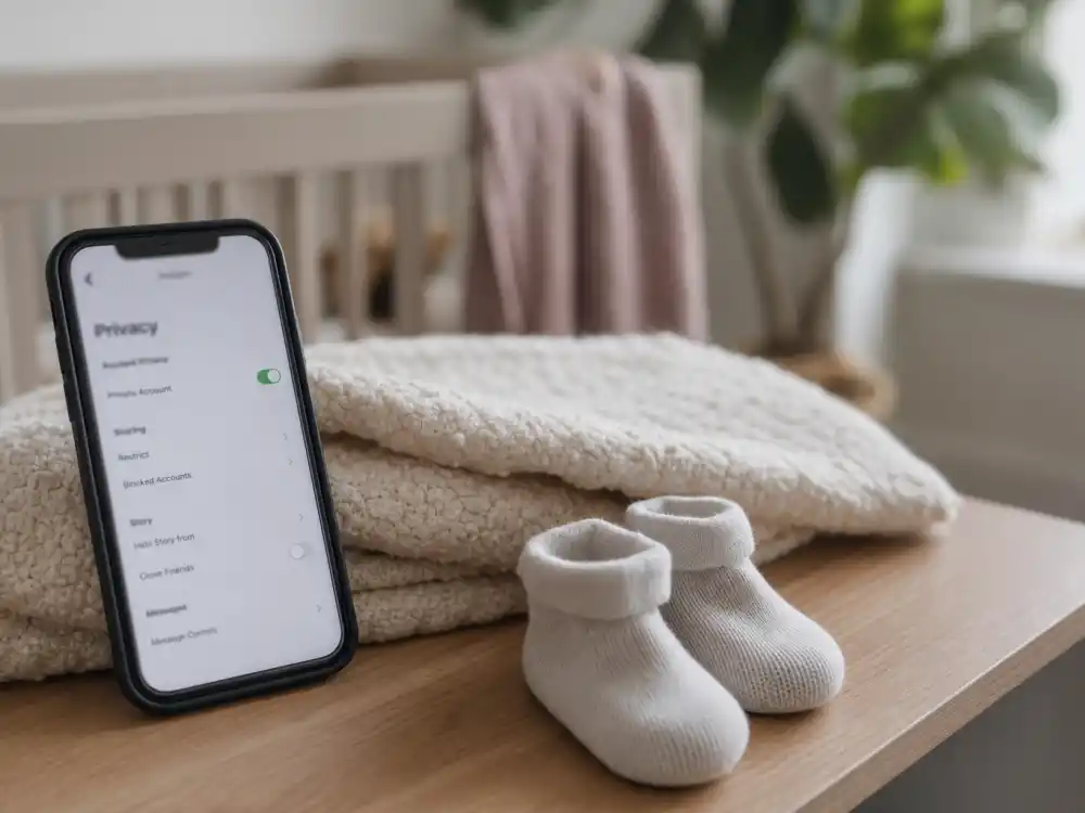 Phone beside tiny socks for celebrity birth announcements Instagram 2026 privacy-first era — existence proof without newborn face reveals