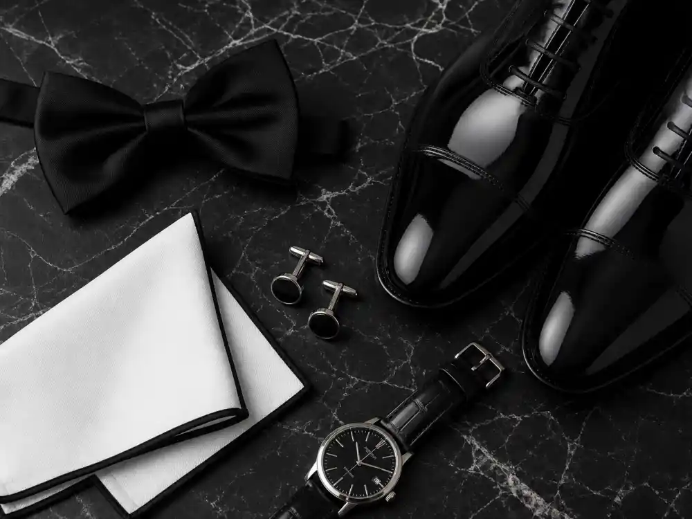 Black tie accessories flat lay with bow tie pocket square cufflinks and patent leather dress shoes showing celebrity black tie outfit guide finishing detail checklist