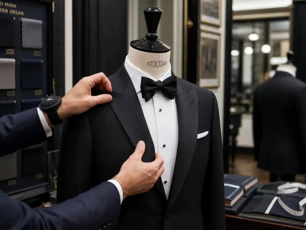 Tailor hands adjusting black tuxedo lapel and bow tie on mannequin in menswear fitting room showing celebrity black tie outfit guide tailoring and proportion secrets