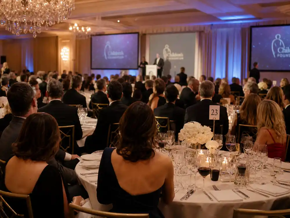 Upscale black tie charity gala ballroom with crystal chandeliers and anonymous guests from behind in formal evening wear defining celebrity black tie outfit guide event context