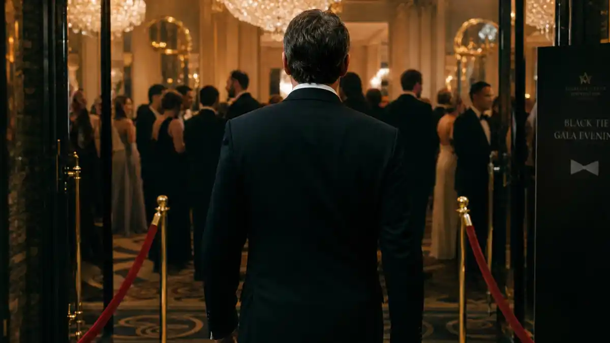 Celebrity black tie outfit guide — anonymous man from behind in classic black tuxedo with satin lapels entering upscale black tie gala ballroom with crystal chandeliers and velvet rope entrance