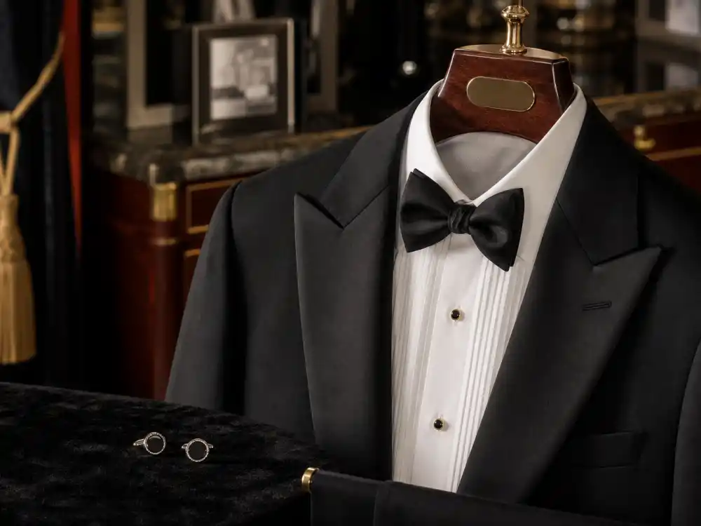 Classic black tuxedo jacket on valet hanger with white dress shirt and bow tie laid on velvet surface illustrating celebrity black tie outfit guide menswear foundation codes