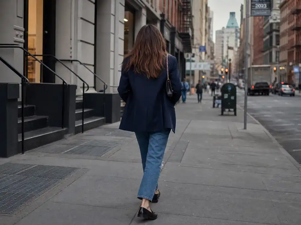 Navy boyfriend blazer white tank high-waisted straight jeans defining celebrity blazer street style outfits relaxed tailoring on Manhattan sidewalk