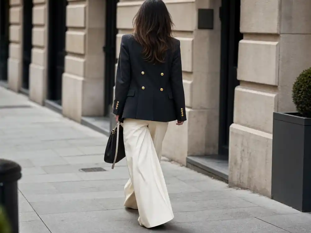 Double-breasted charcoal blazer with gold buttons and cream wide-leg trousers within celebrity blazer street style outfits polished city rotation