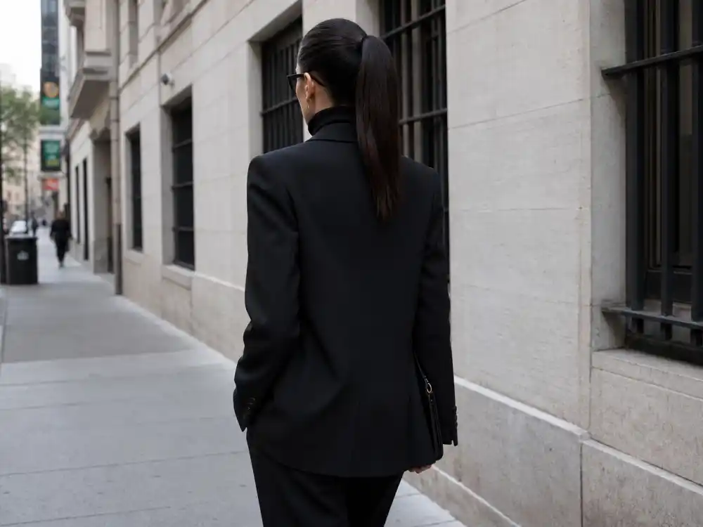 All-black monochrome blazer turtleneck and trousers rotation inside celebrity blazer street style outfits sleek sidewalk minimalism