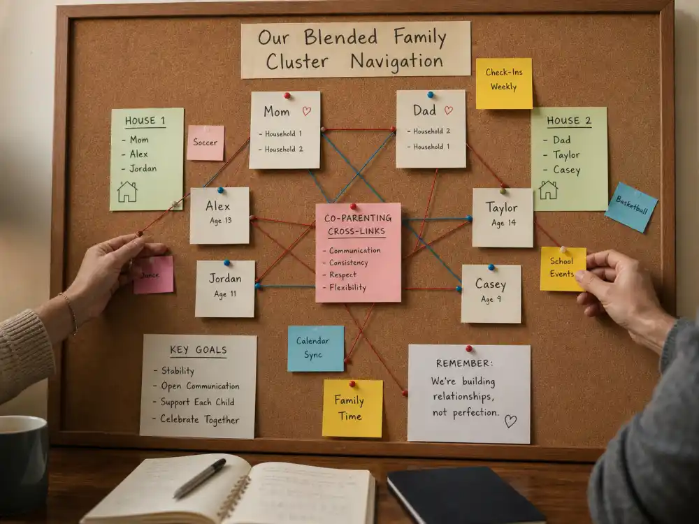 Cluster navigation cork board for celebrity blended families co-parenting guide cross-link to blended 25843 co-parent hub 27314