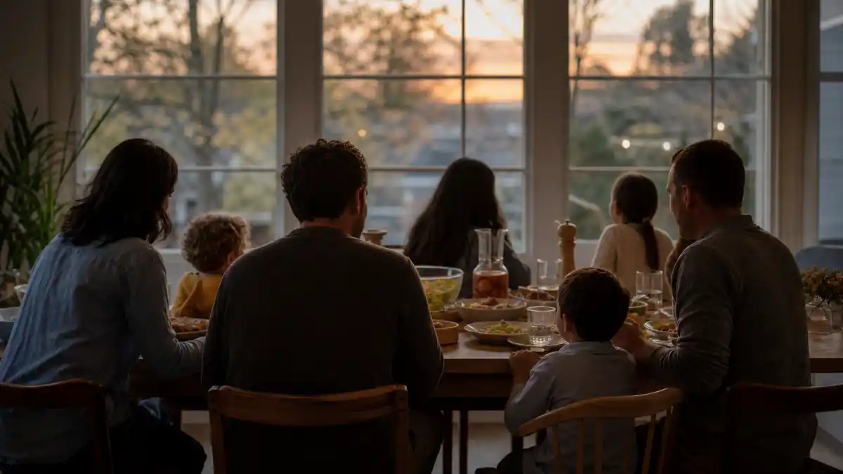 Celebrity blended families co-parenting guide — blended family dinner table silhouettes from behind without identifiable faces