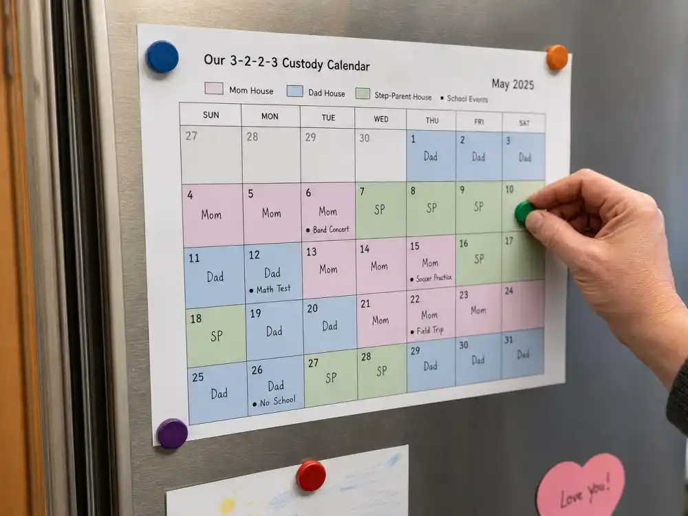 Multi-home custody calendar for celebrity blended families co-parenting guide multi-household kids editorial without identifiable faces