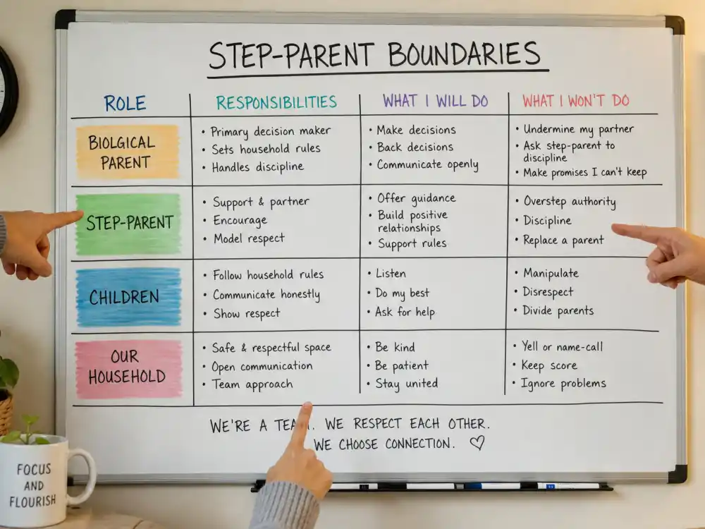 Step-parent boundary chart for celebrity blended families co-parenting guide role rules editorial without identifiable faces