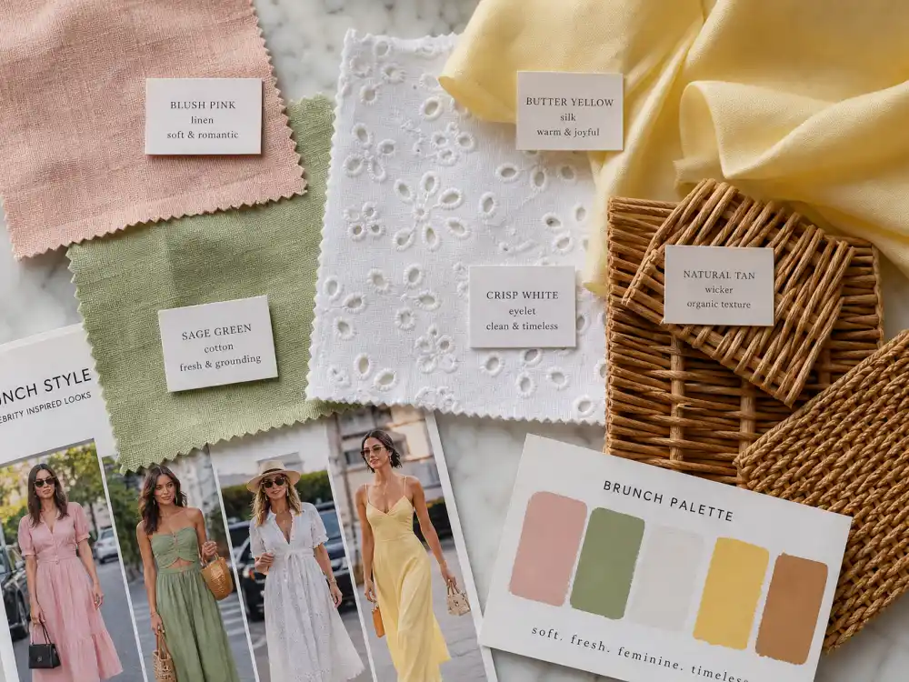 Blush pink linen sage green cotton crisp white eyelet butter yellow silk and natural tan wicker fabric swatches flat lay illustrating pastel color palette trends in celebrity brunch outfit ideas daytime dressing