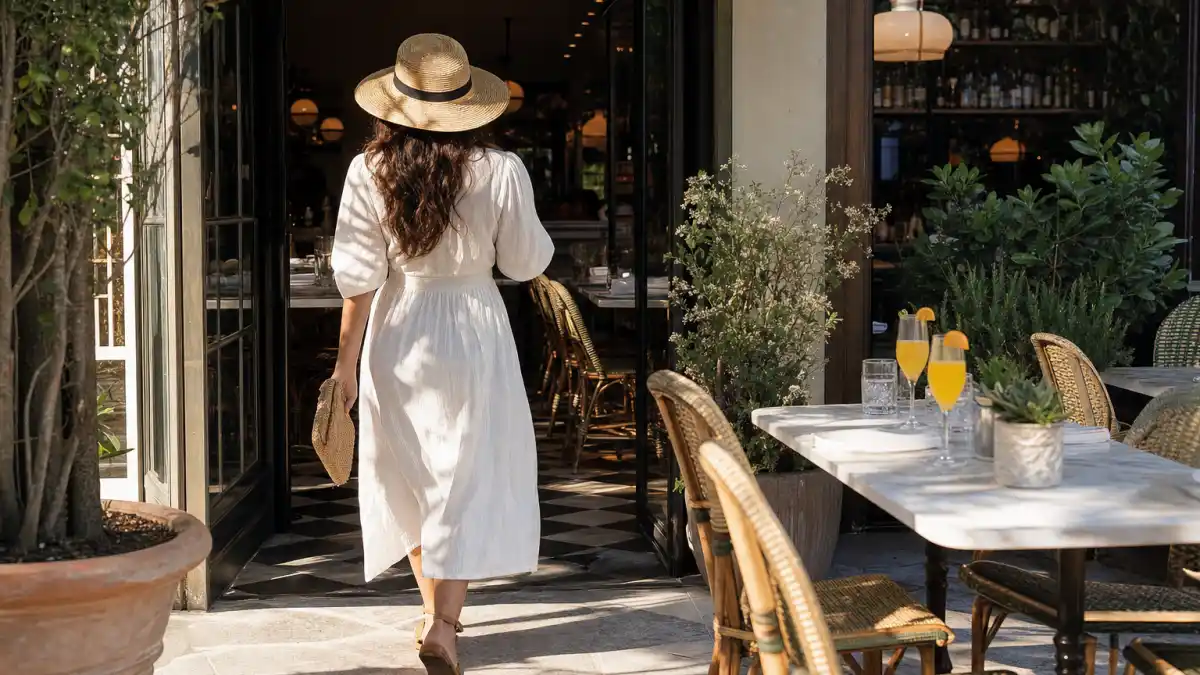 Celebrity brunch outfit ideas — anonymous woman from behind in white linen midi dress and wide-brim straw hat walking into sunlit upscale brunch patio with mimosa glasses and marble bistro tables