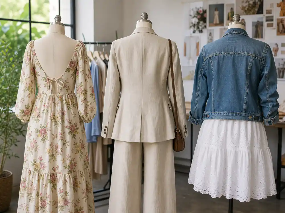 Three brunch outfit silhouettes on dress forms from behind showing floral midi dress linen blazer wide-leg trousers and denim jacket sundress shapes defining celebrity brunch outfit ideas proportion codes