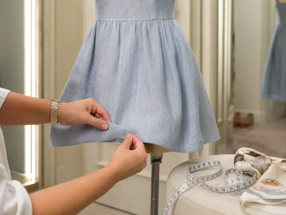 Stylist hands pinning hem of pastel blue linen sundress on fitting room mannequin showing couture construction behind celebrity brunch outfit ideas atelier craftsmanship