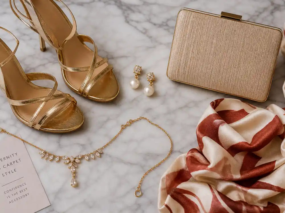 Maternity red carpet accessories flat lay with gold heels clutch and pearls completing celebrity bump style red carpet styling