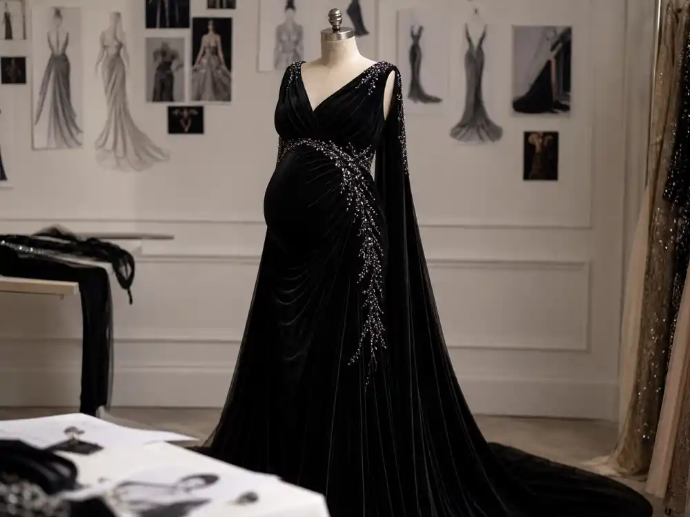 Crystal-embellished black velvet maternity gown on mannequin showing celebrity bump style red carpet embellished bodice engineering