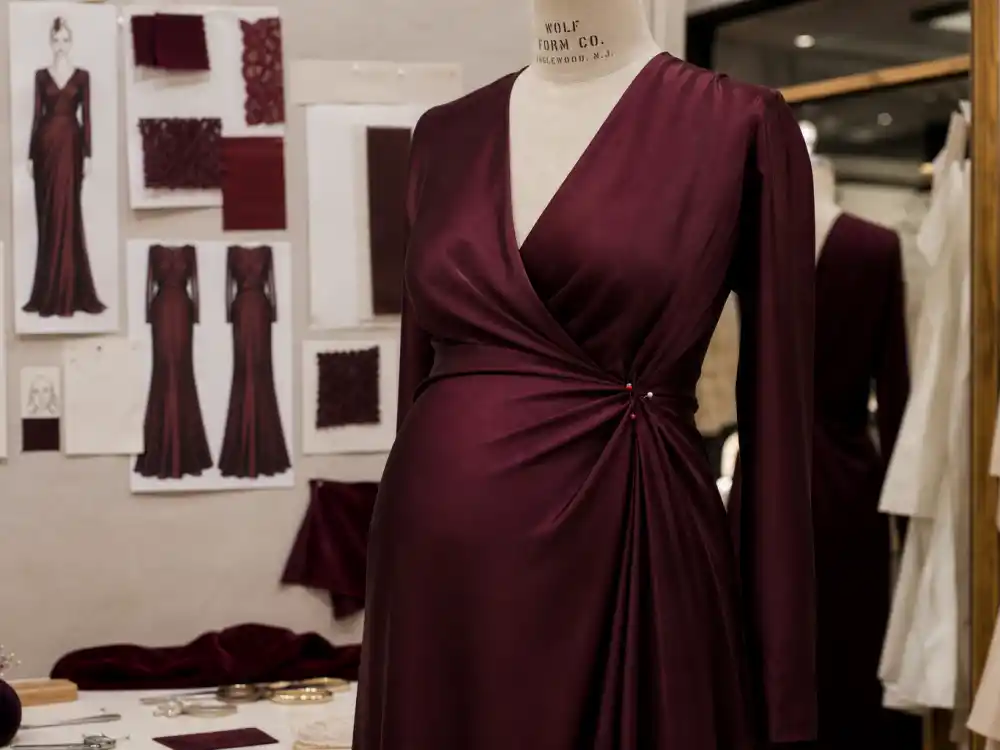 Burgundy silk wrap maternity dress on couture dress form defining celebrity bump style red carpet wrap silhouette construction