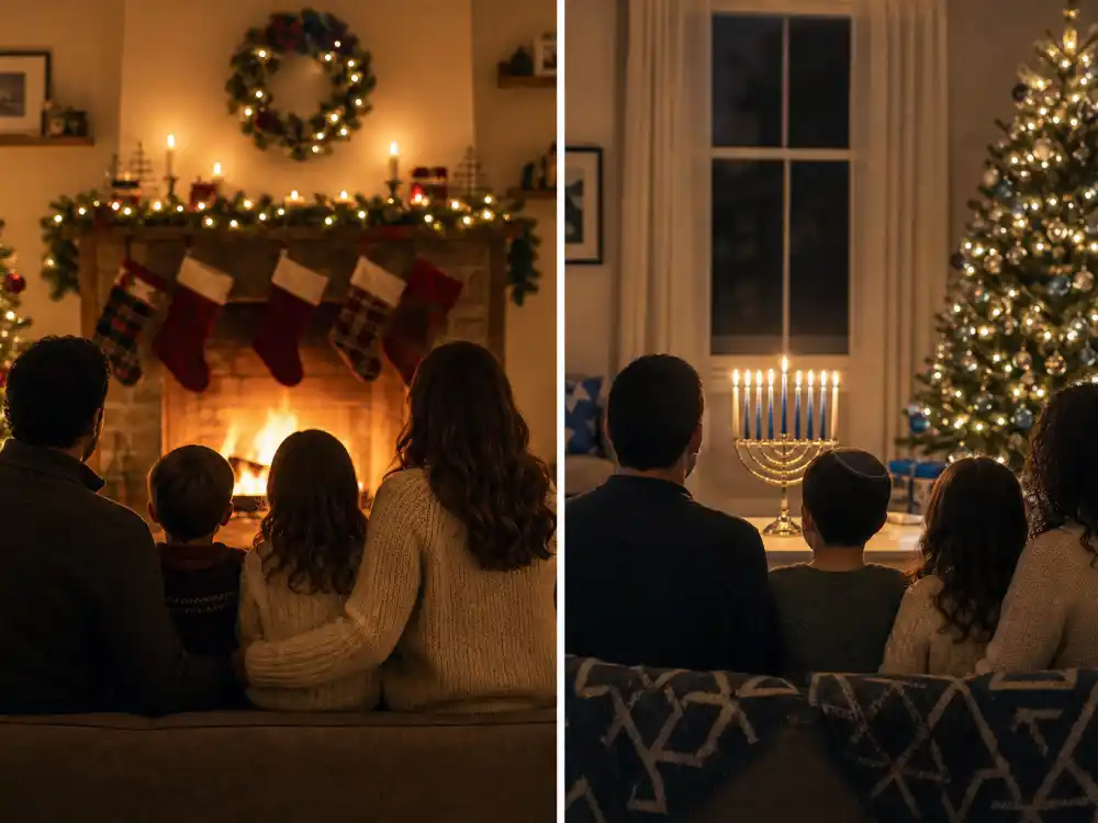 Christmas split celebration setup for celebrity co-parenting holiday traditions dual household editorial without identifiable faces
