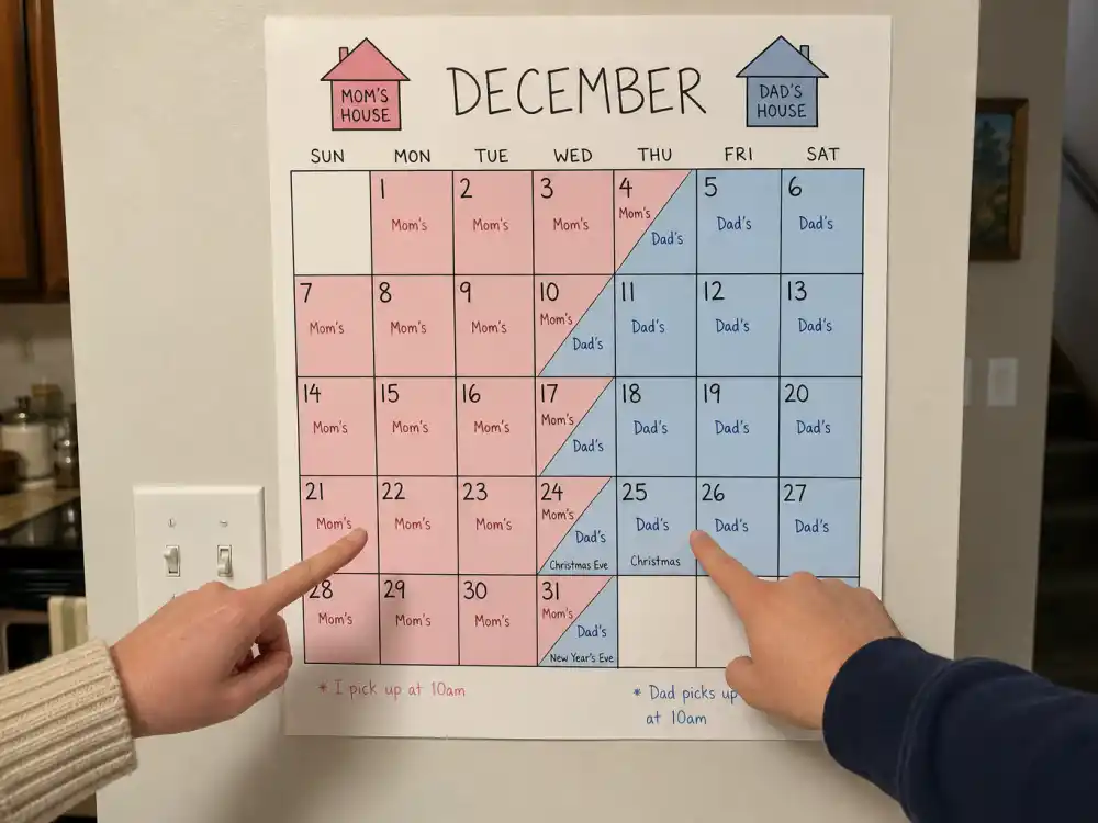 December co-parent calendar blocks for celebrity co-parenting holiday traditions Thanksgiving Christmas planning editorial without identifiable faces
