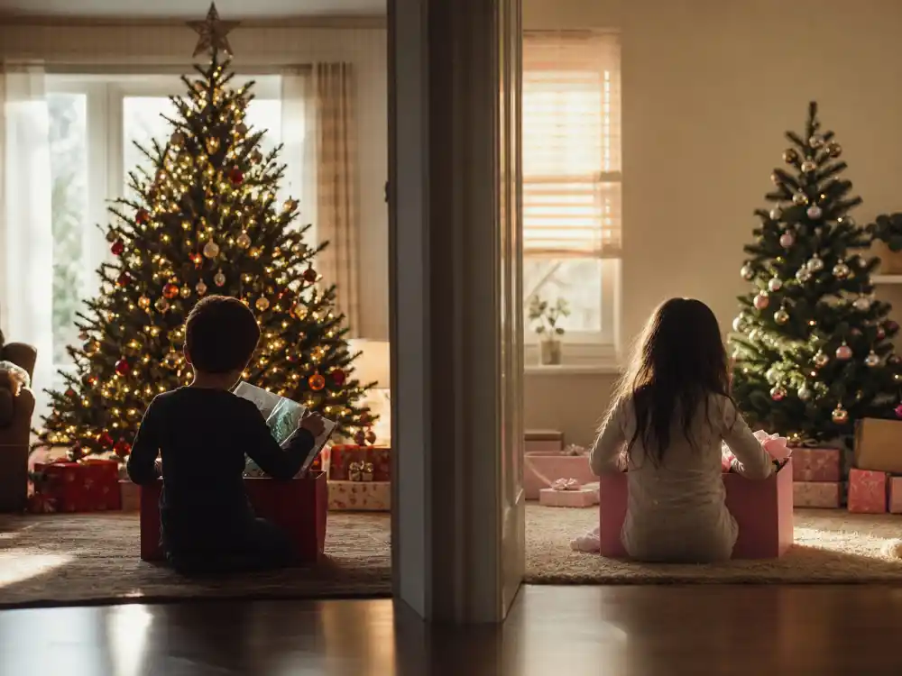 Dual holiday celebration morning and evening for celebrity co-parenting holiday traditions same-day two-house editorial without identifiable faces
