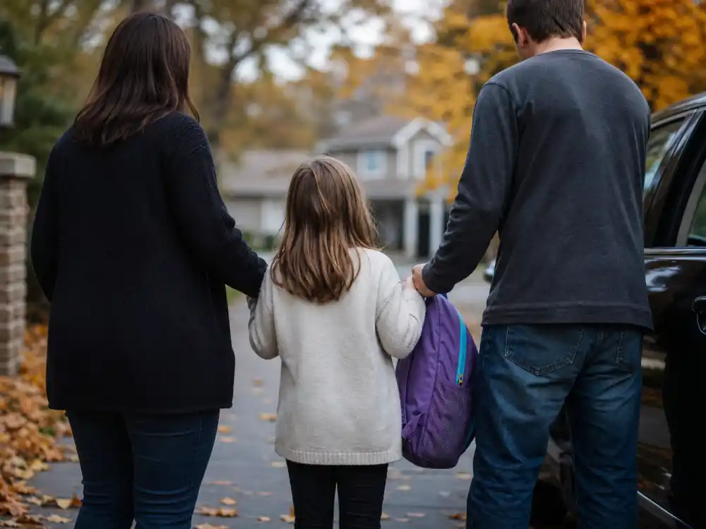 Thanksgiving custody handoff from behind for celebrity co-parenting holiday traditions driveway exchange editorial without identifiable faces