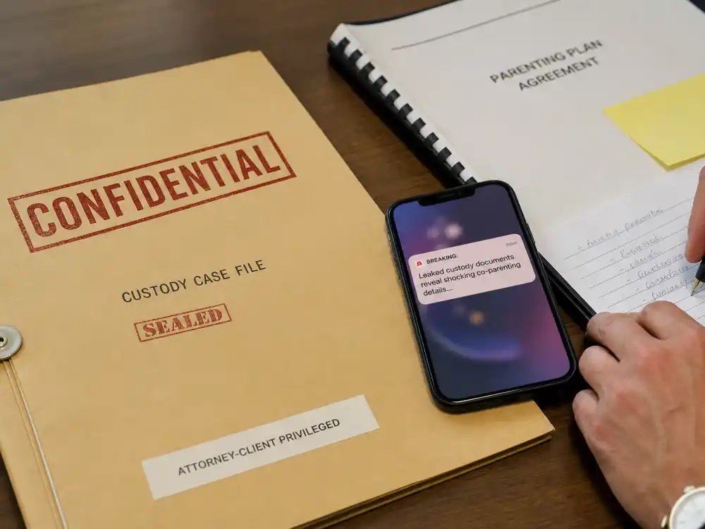 Sealed custody file with leaked headline alert for celebrity co-parenting red flags to avoid custody leaks editorial without identifiable faces