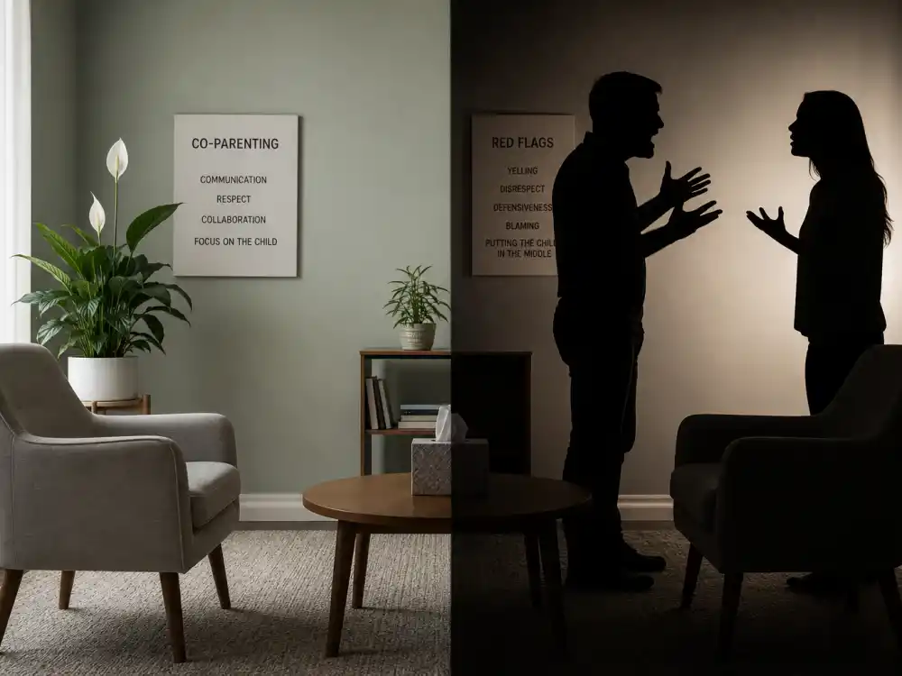 Mediation room versus conflict silhouettes contrast for celebrity co-parenting red flags to avoid editorial without identifiable faces