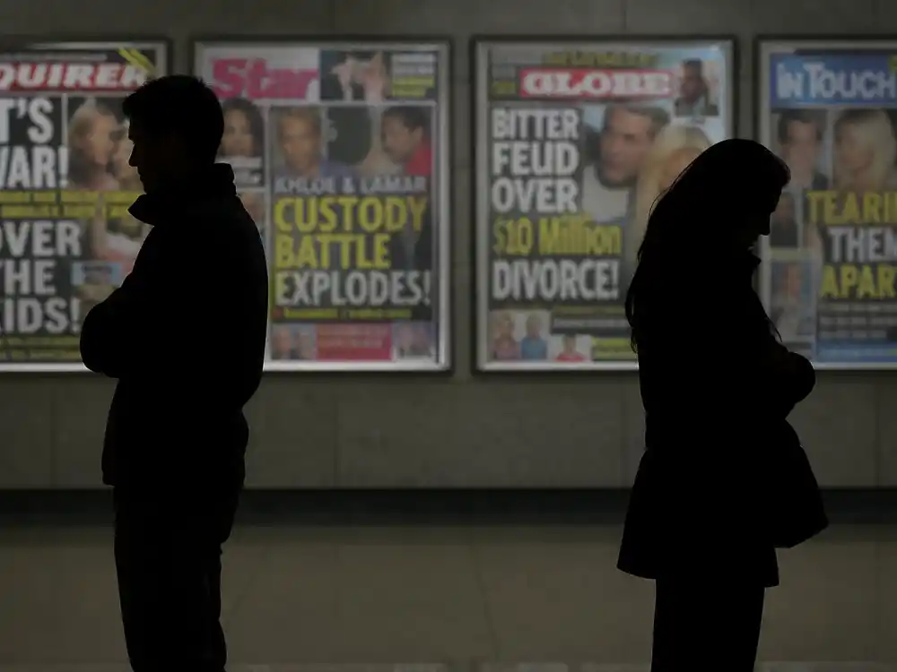 Public feud silhouettes with blurred tabloid headlines for celebrity co-parenting red flags to avoid editorial without identifiable faces