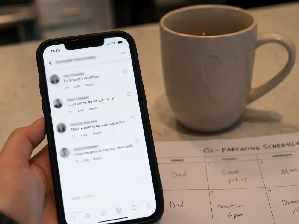 Smartphone with blurred social vent thread for celebrity co-parenting red flags to avoid social media feud editorial without identifiable faces
