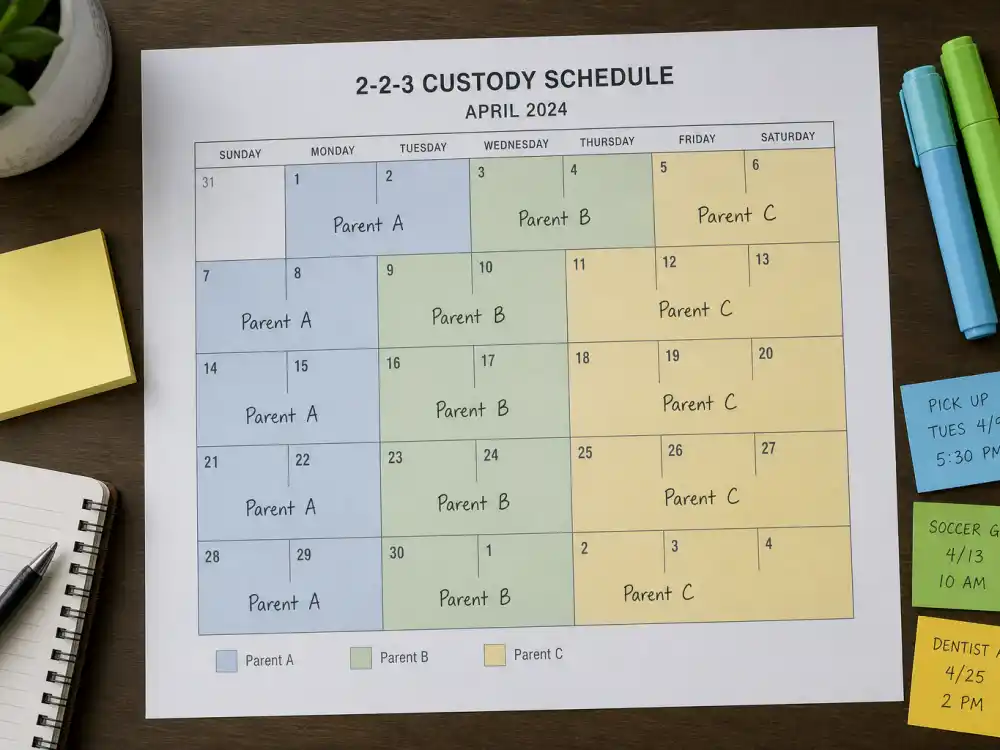 Two-two-three custody schedule calendar for celebrity co-parenting schedules explained alternating day-block editorial without identifiable faces