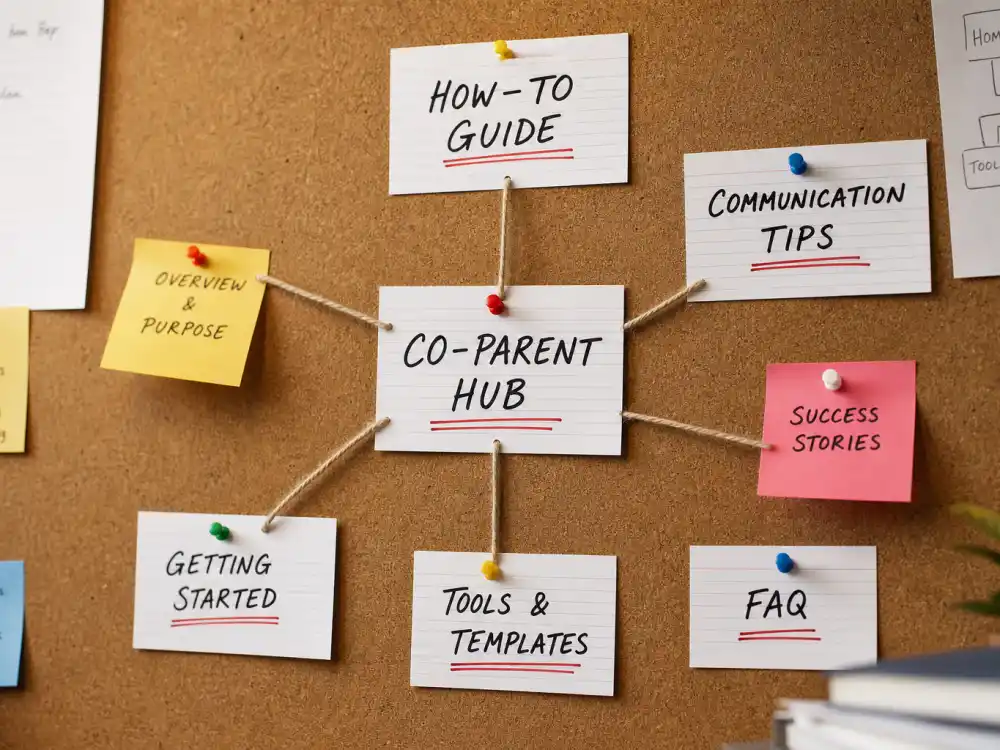 Cluster navigation cork board for celebrity co-parenting schedules explained cross-link to co-parent hub 27314 how-to 27338