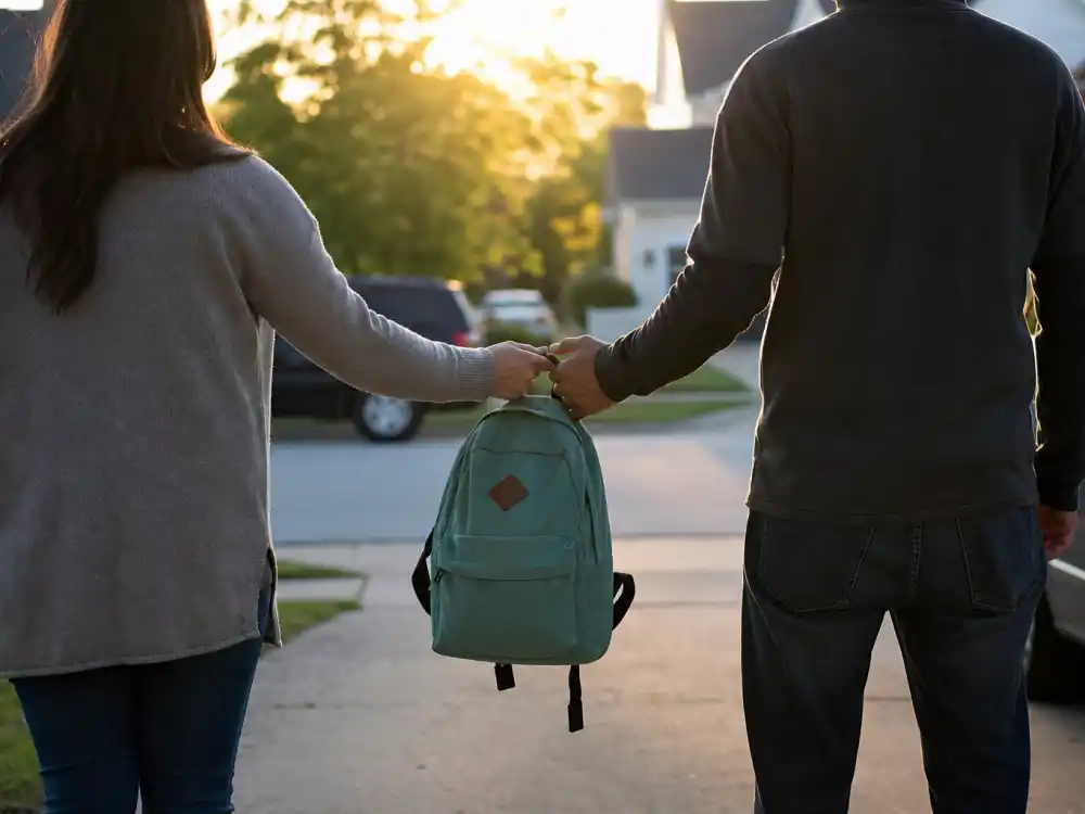 Custody handoff from behind for celebrity co-parenting schedules explained driveway exchange editorial without identifiable faces