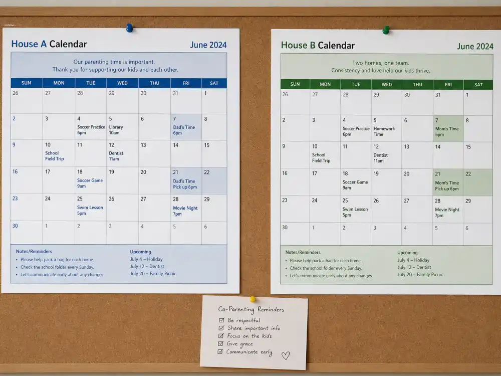 Parallel parenting dual calendars for celebrity co-parenting schedules explained separate household planning editorial without identifiable faces