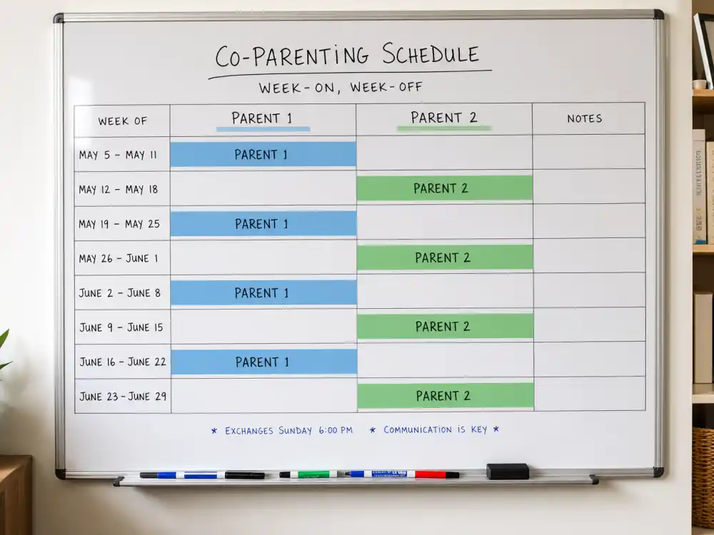 Week-on week-off co-parenting calendar for celebrity co-parenting schedules explained full-week custody blocks editorial without identifiable faces