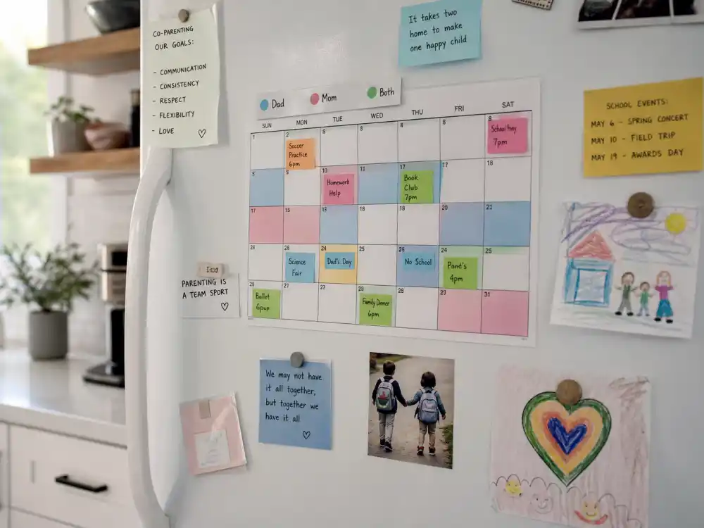 Co-parent calendar on fridge for celebrity co-parenting success stories 2026 Jennifer Garner Ben Affleck shared custody lane editorial without identifiable faces
