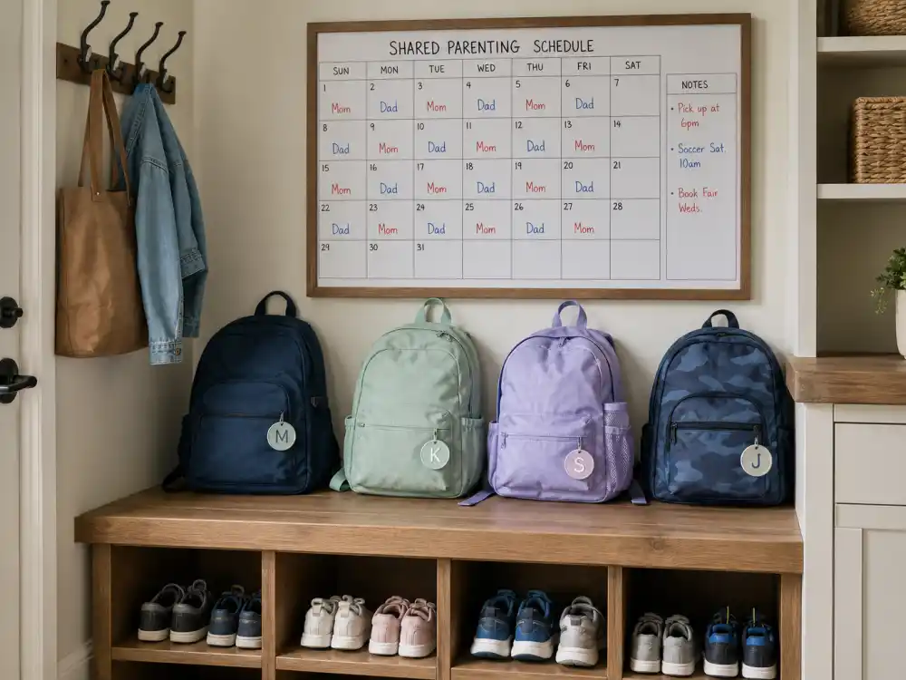 Blended family mudroom custody calendar for celebrity co-parenting success stories 2026 Kardashian Jenner co-parent lanes editorial without identifiable faces
