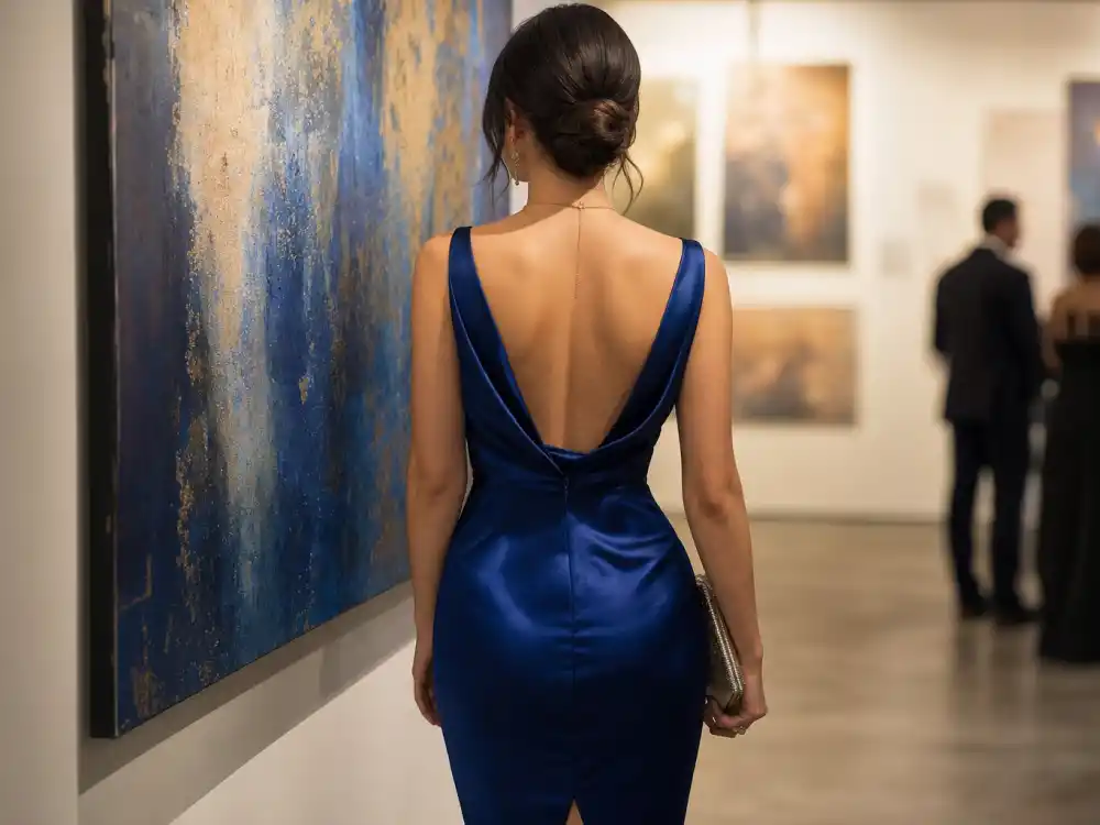 Sapphire jewel-tone cocktail midi dress celebrity cocktail dress inspiration at gallery opening showing saturated evening color lane