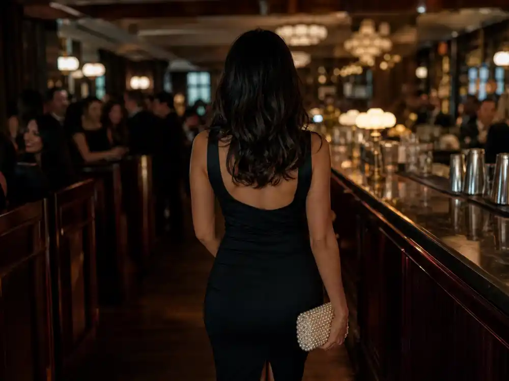 Little black dress celebrity cocktail dress inspiration with pearl clutch at elegant bar lounge showing timeless cocktail hour formula
