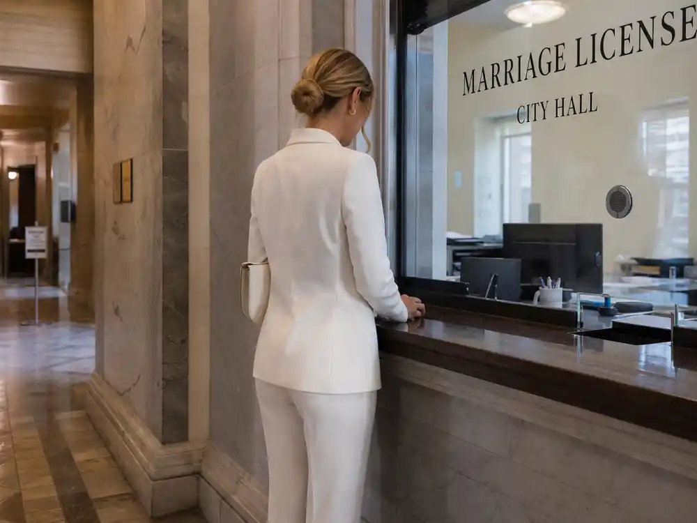 Chic ivory pantsuit celebrity courthouse wedding outfits inspiration at city hall marriage license counter side angle