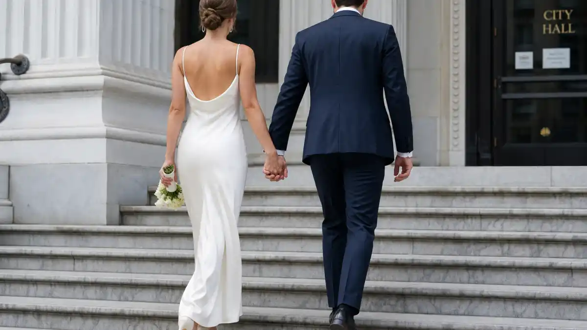Celebrity courthouse wedding outfits — bride in white silk slip dress and groom in navy suit walking up city hall steps from behind