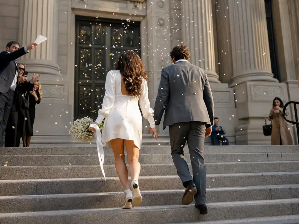 Newlyweds in celebrity courthouse wedding outfits descending historic courthouse steps after civil ceremony from behind with confetti