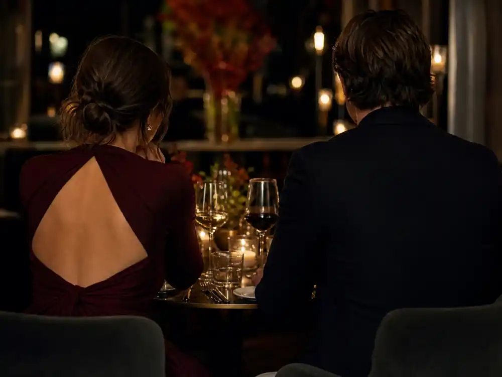 Fine dining celebrity date night outfit ideas with burgundy wrap dress and candlelit restaurant table setting for romantic evening inspiration
