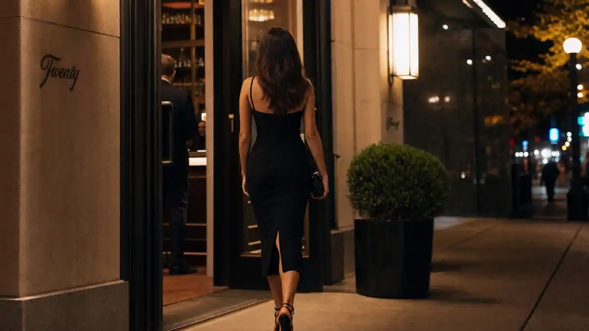 Celebrity date night outfit ideas — anonymous woman from behind in sleek black midi dress and strappy heels walking into upscale restaurant at night