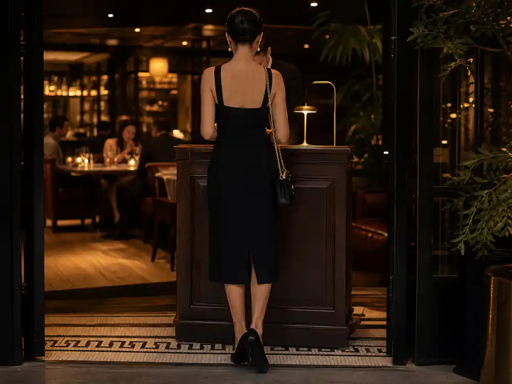 Little black dress celebrity date night outfit ideas with pearl earrings and pointed heels at restaurant host stand