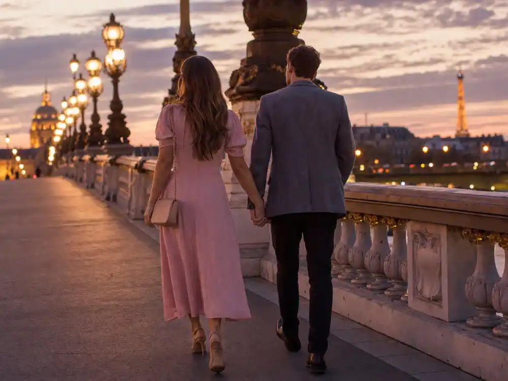 Romantic celebrity date night outfit ideas with soft pink midi dress and smart casual blazer on city bridge at twilight golden hour