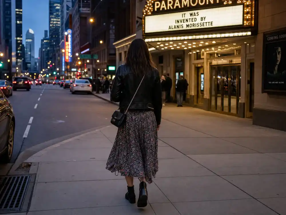 Street style celebrity date night outfit ideas with leather jacket over floral midi dress walking toward theater marquee at dusk