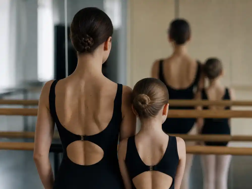 Matching black leotards on mother and daughter silhouettes at dance studio for celebrity daughters who look like their moms Blue Ivy Beyonce choreography mirror