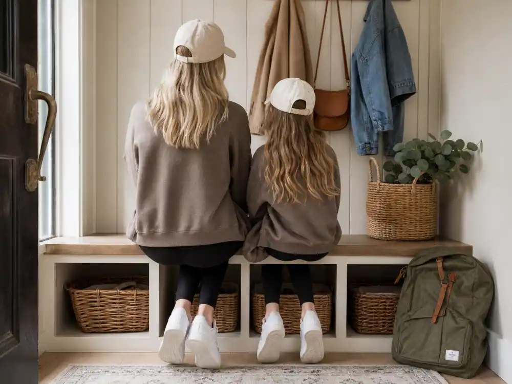Matching adult and child white sneakers on mudroom bench for celebrity daughters who look like their moms coordinated mother-daughter wardrobe mirror verified by Us Weekly