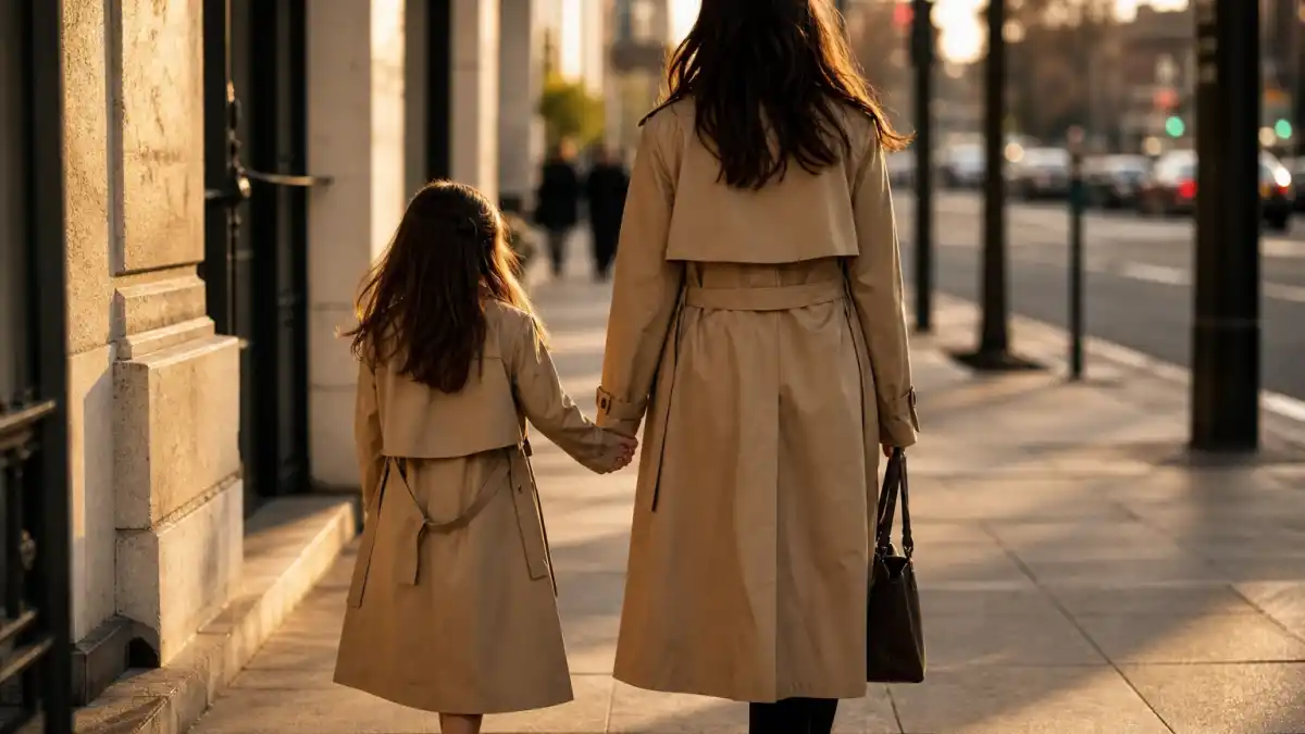 Celebrity daughters who look like their moms — mother and daughter silhouettes from behind in matching camel trench coats without faces