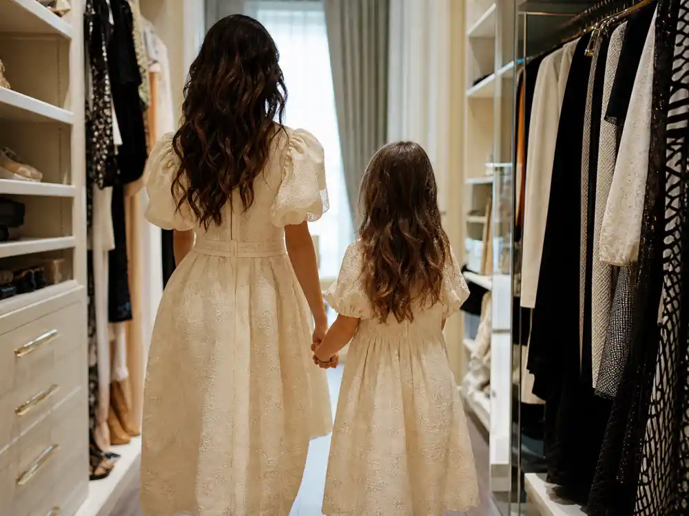 Matching cream designer dresses on mother and daughter silhouettes in walk-in closet for celebrity daughters who look like their moms North Kim creative fashion lane